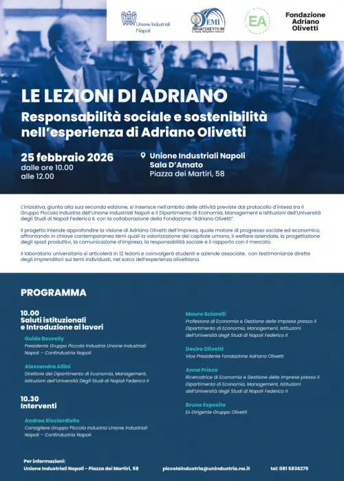 Le lezioni di Adriano 2026: a Napoli un confronto vivo sull’eredità Olivetti tra impresa e comunità